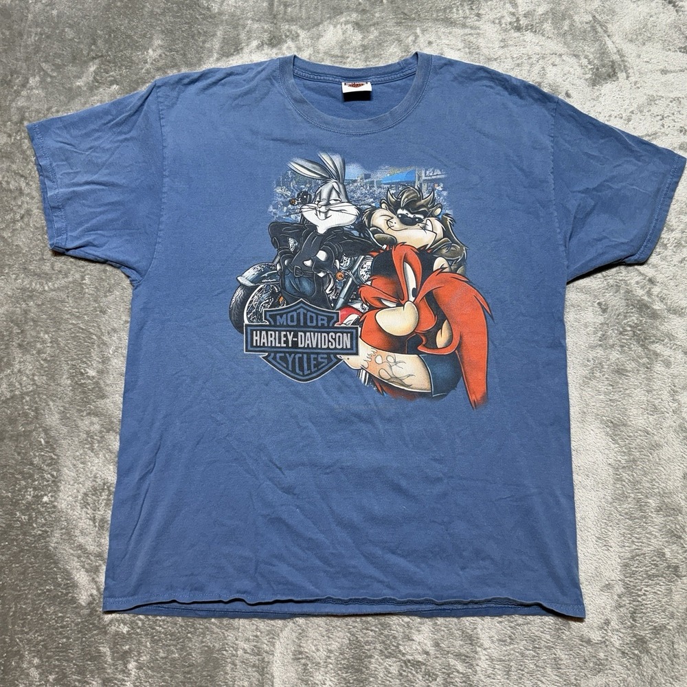 Harley Davidson Looney Tunes Shirt XL Myrtle Beach Blue 2015 Bugs Bunny Taz Tee